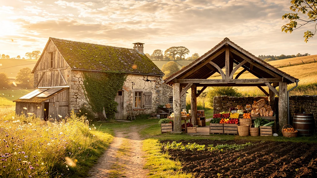 Ancienne ferme et halle rénovées en pleine campagne, revivant grâce à la transition écologique durable