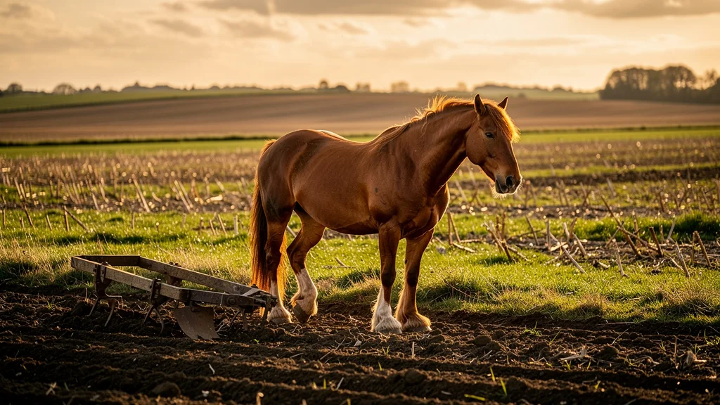 Cheval de trait puissant dans un champ agricole au coucher du soleil, symbole d’atout ou folklore rural