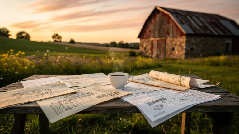 Lancement d'un projet culturel à la campagne avec documents sur table en extérieur au coucher du soleil