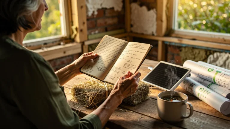 Femme quinquagénaire débutant une formation en éco-rénovation dans un intérieur lumineux et naturel