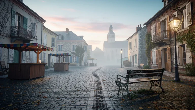 Place vide à Ligny au petit matin après l'absence du marché, ambiance mélancolique et réaliste