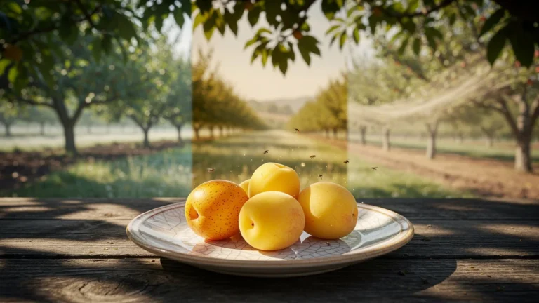 Dégustation de trois mirabelles de vergers différents révélant leurs différences visuelles et naturelles