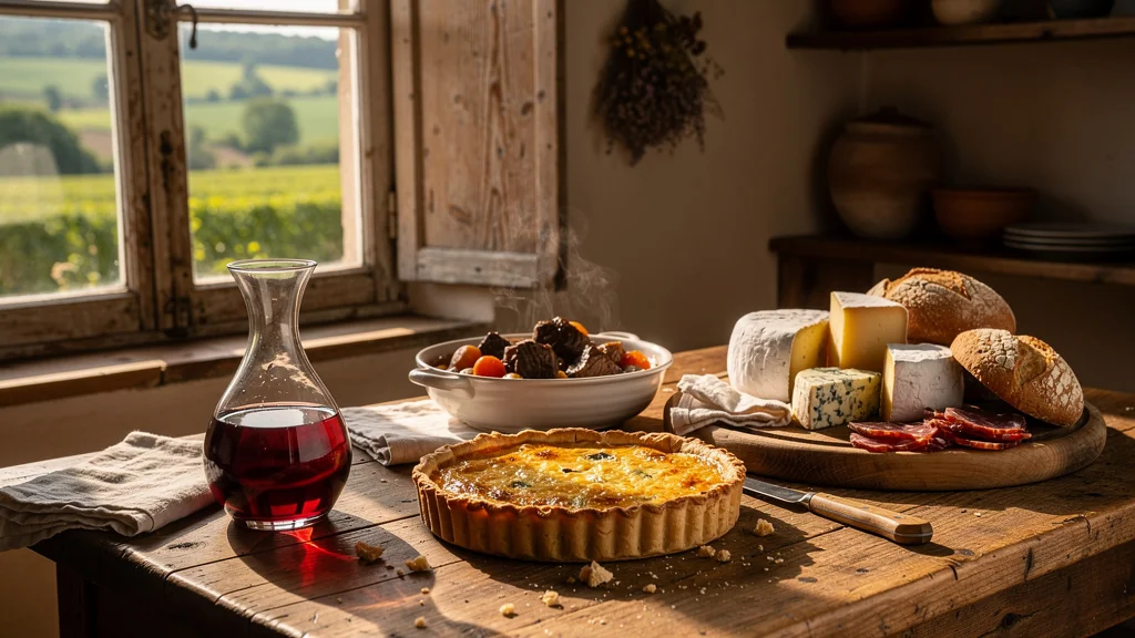 Table rustique garnie de plats traditionnels de la gastronomie meusienne, riche et colorée, en lumière naturelle