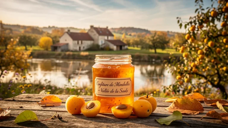 Photo réaliste d'un pot de confiture de mirabelle dans la vallée de la Saulx en automne doré