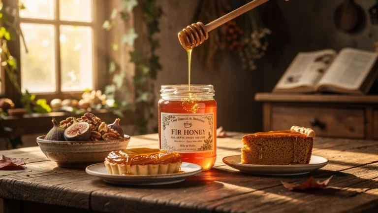Pot de miel de sapin des côtes de Meuse et desserts d'automne artisanaux en lumière dorée