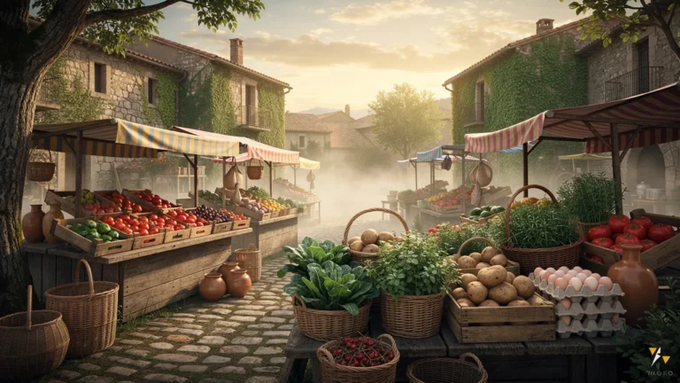 Marché de campagne traditionnel au lever du jour, illustrant la survie face aux grandes foires régionales