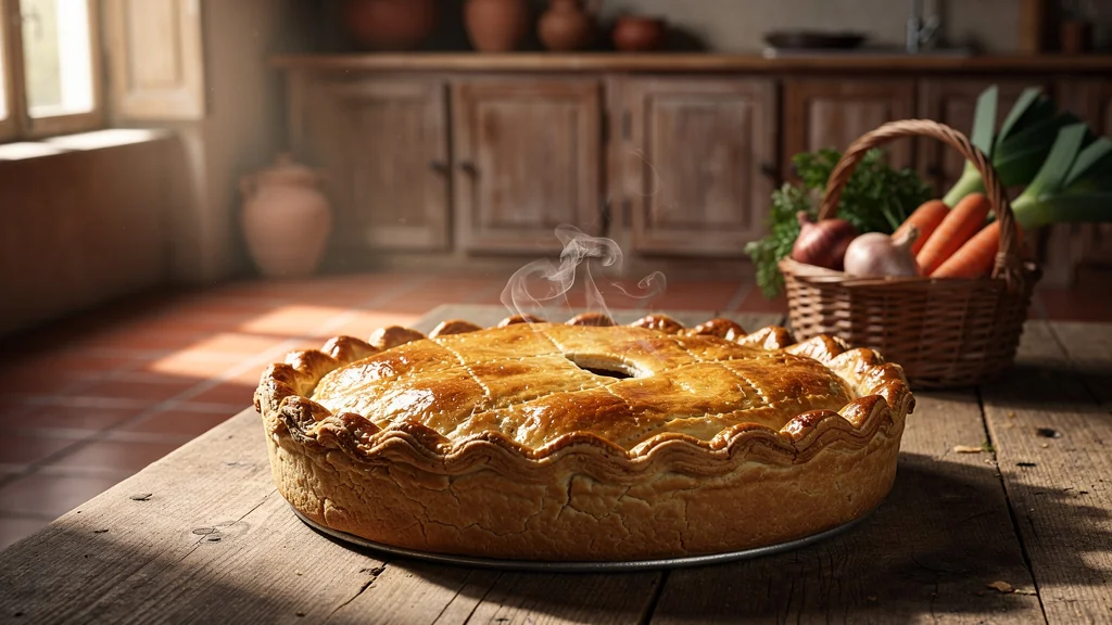 Tourte meusienne maison au croustillant doré posée sur une table rustique en cuisine chaleureuse