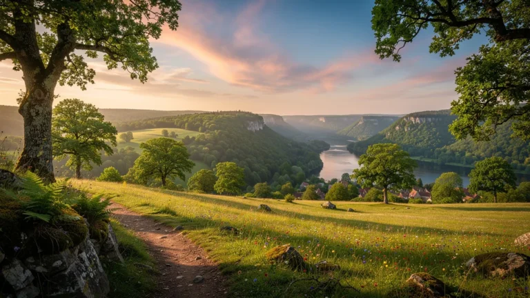 Panorama hyper-réaliste des crêtes des Portes de Meuse au coucher de soleil, nature et randonnée