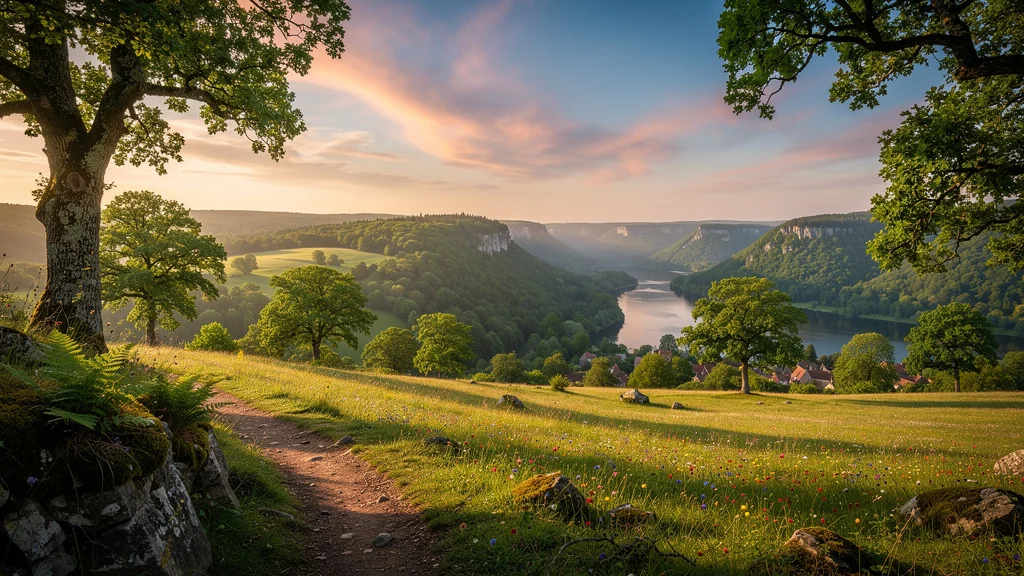 Panorama hyper-réaliste des crêtes des Portes de Meuse au coucher de soleil, nature et randonnée