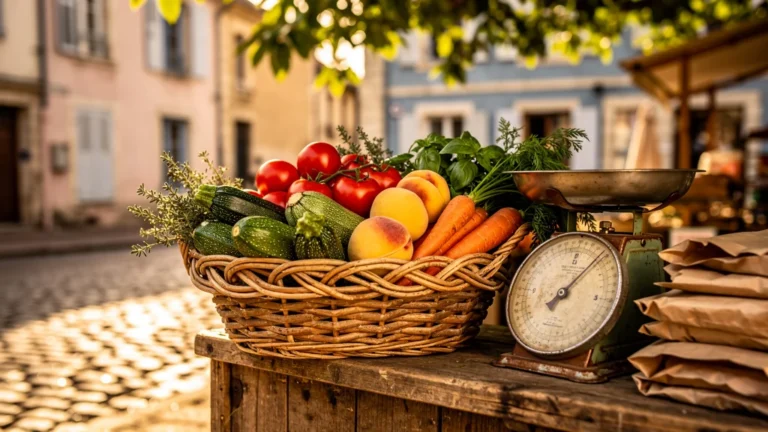 Panier de marché coloré à Bar-le-Duc rempli de produits frais pour quatre repas faciles