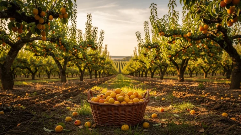 Verger meusien en pleine saison de la mirabelle avec fruits dorés et lumière chaude d'après-midi