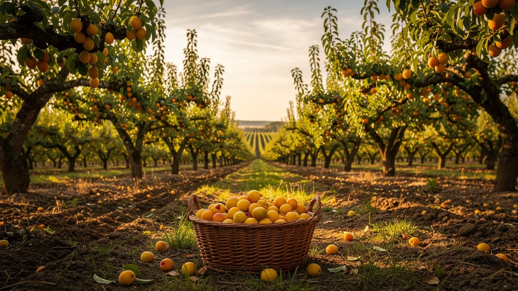 Verger meusien en pleine saison de la mirabelle avec fruits dorés et lumière chaude d'après-midi