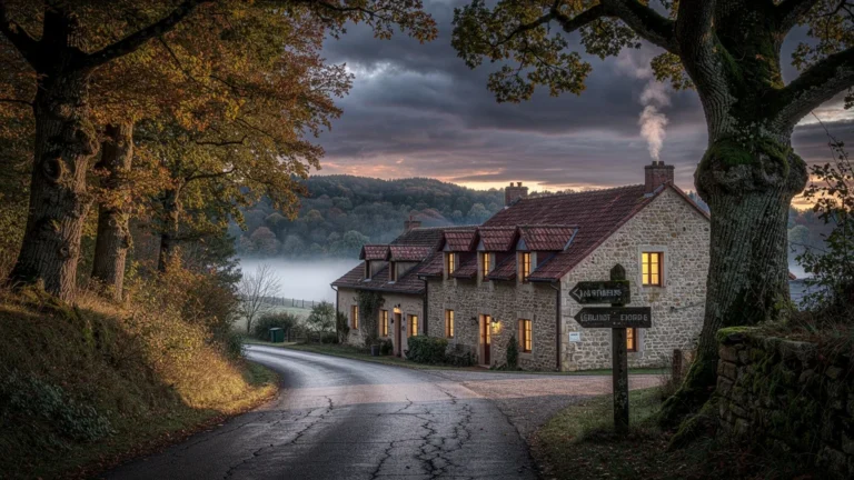 Paysage rural aux Portes de Meuse montrant des gîtes complets au crépuscule automnal
