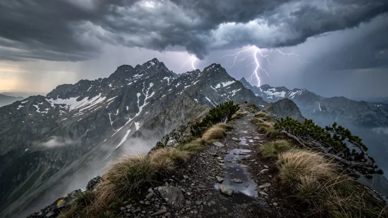Orage violent sur les crêtes montagneuses interrompant une randonnée sous une météo imprévisible