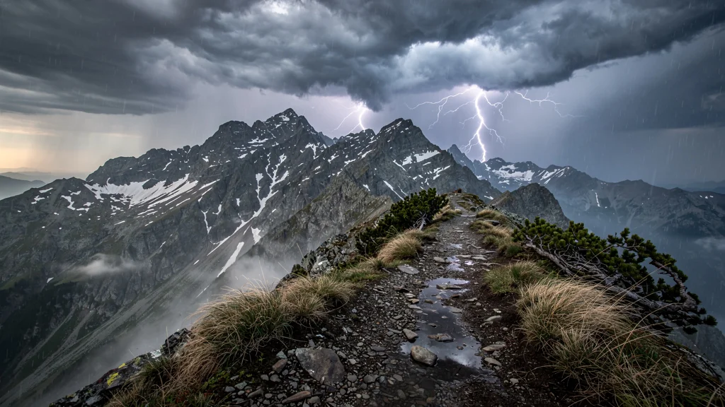 Orage violent sur les crêtes montagneuses interrompant une randonnée sous une météo imprévisible