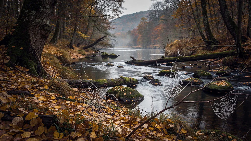 Paysage automnal hyper-réaliste du long parcours à pied de la Saulx de sa source au confluent