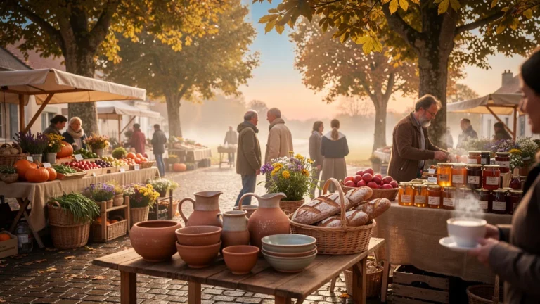 Marché de producteurs à Ligny-en-Barrois rappelant les souvenirs d'enfance dans une scène réaliste et lumineuse