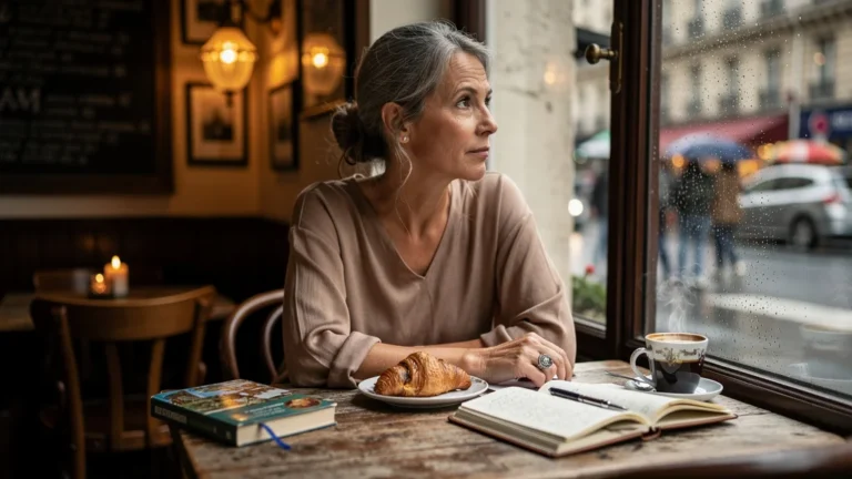 Femme d’environ 54 ans dans un café, regard pensif, symbolisant le désir de tout voir mais ne rien goûter