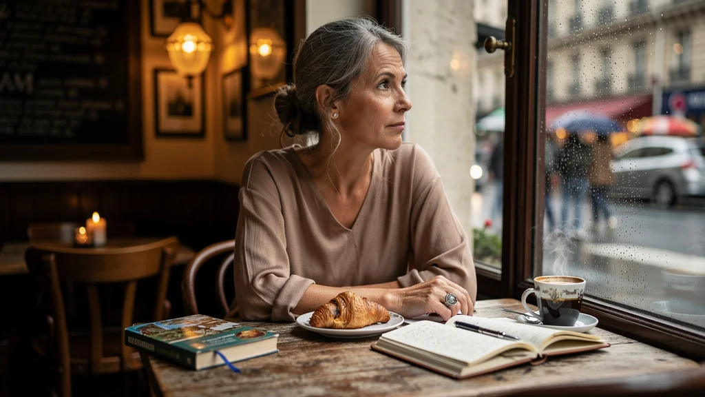 Femme d’environ 54 ans dans un café, regard pensif, symbolisant le désir de tout voir mais ne rien goûter